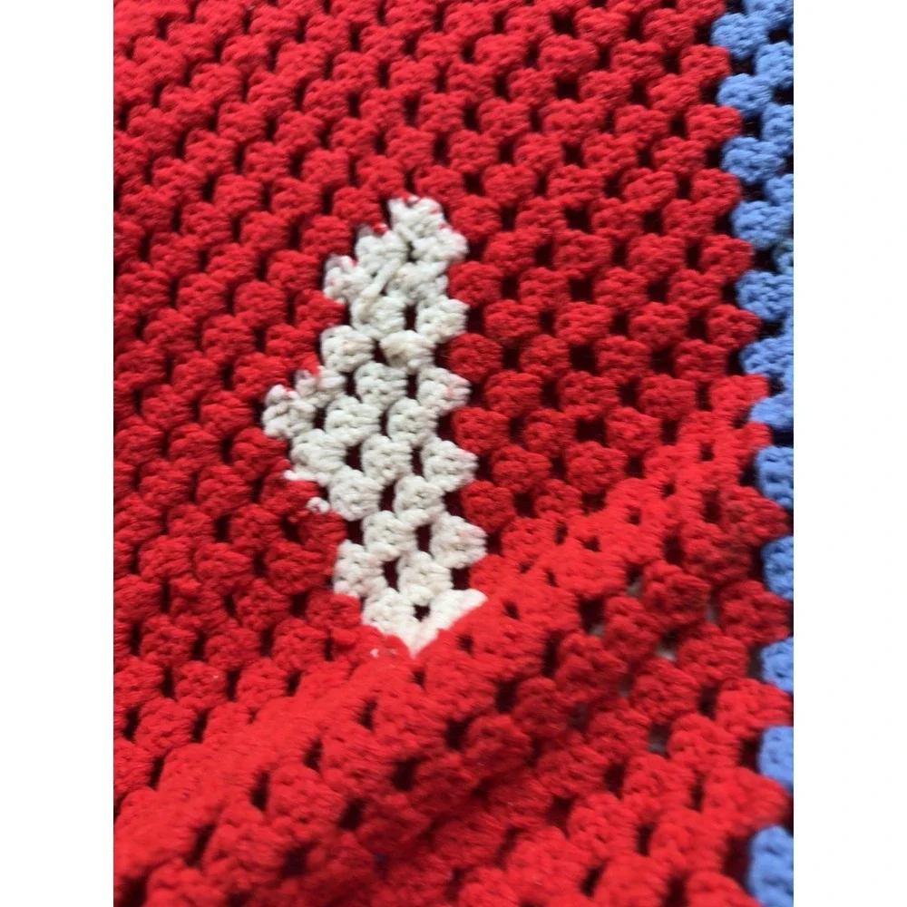 Hand Crocheted Afghan Blanket Red White Blue Geometric Block Throw Vintage